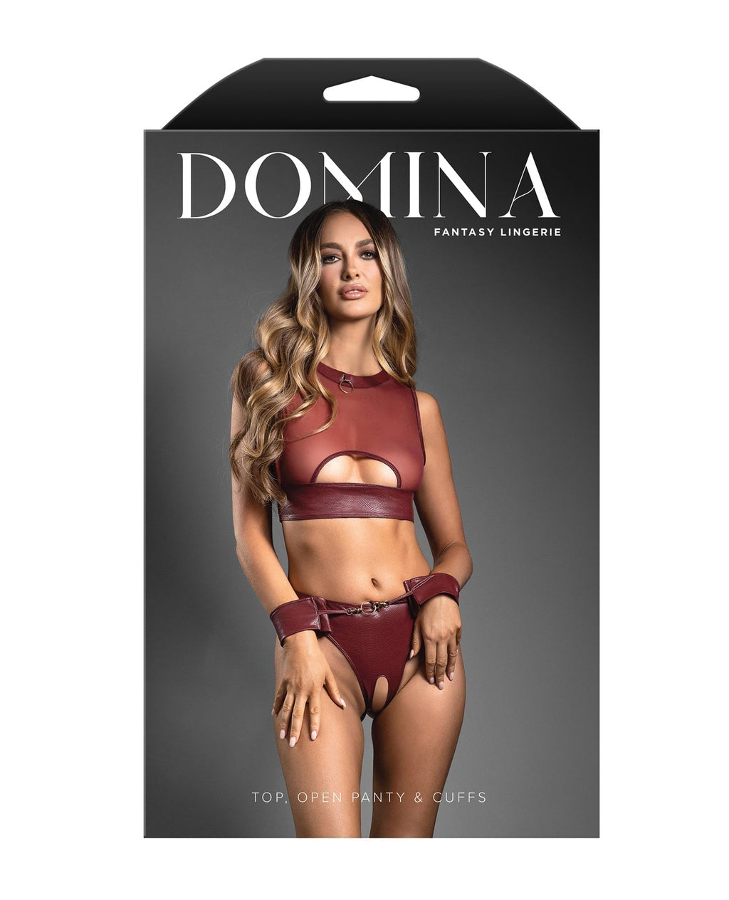 Domina Sheer Mesh & Vegan Leather 3 pc Set w/Crotchless Panty & Handcuffs - Burgundy S/M