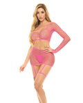 Pink Lipstick Right Thru Me Fishnet Top, Garter Skirt & G-String Neon Pink O/S