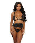 Eyelash Lace Bra, High Waist Garter Belt & G-String Black LG